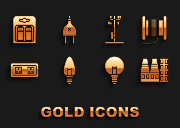 设置灯泡，电线电缆上的卷轴或鼓，电站厂房和工厂，电源插座，高压电线杆线，电池组和插头图标。向量图片下载