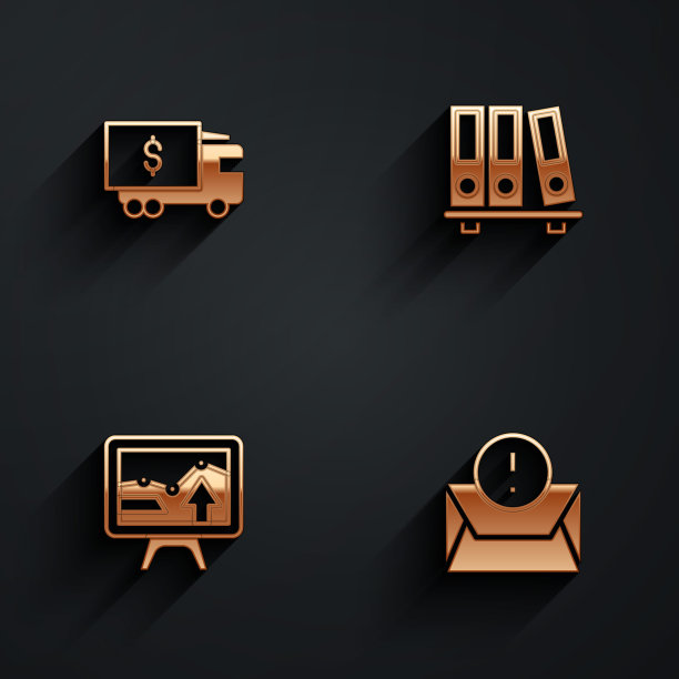 设置装甲卡车，办公室文件夹，监视器与图表和信封图标长阴影。向量图片下载