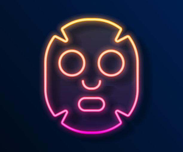 发光的霓虹灯线面部美容面膜图标孤立的黑色背景。美容、医药和保健。向量图片下载