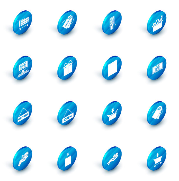 设置价格标签与铭文销售，购物篮和食品，建筑屏幕电脑，悬挂标志文字关闭，礼品盒，笔记本电脑和纸购物袋图标。向量图片下载