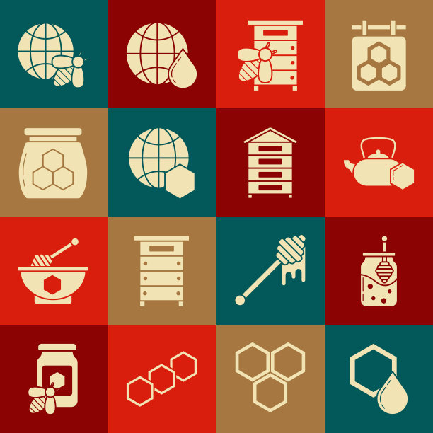 设置蜂巢，蜂蜜罐和蜂蜜勺棒，茶壶与，蜂箱为蜜蜂，地图世界，和图标。向量图片下载