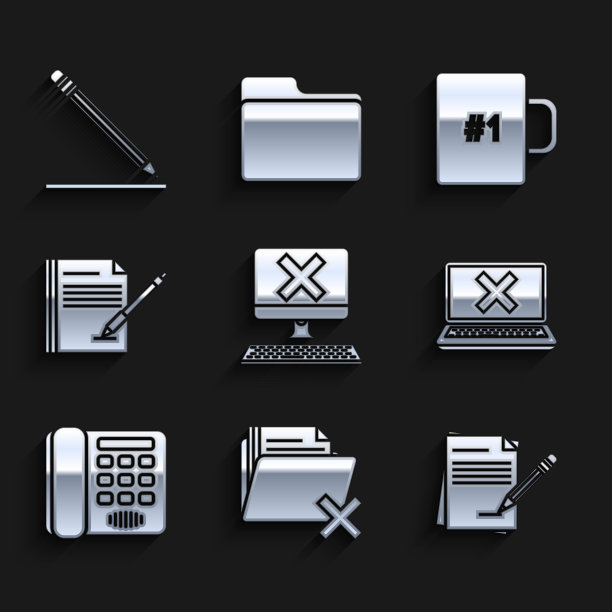 设置电脑键盘和x标记，删除文件夹，空白笔记本铅笔橡皮擦，笔记本电脑在屏幕上的十字，电话，咖啡杯和铅笔线图标。向量图片下载