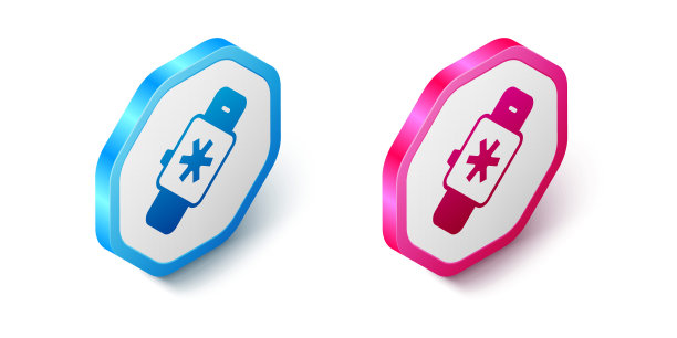 等距智能手表显示心率图标孤立在白色背景。健身App概念。六角按钮。向量图片下载