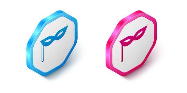 等距嘉年华面具图标孤立的白色背景。化妆舞会面具。六角按钮。向量图片下载