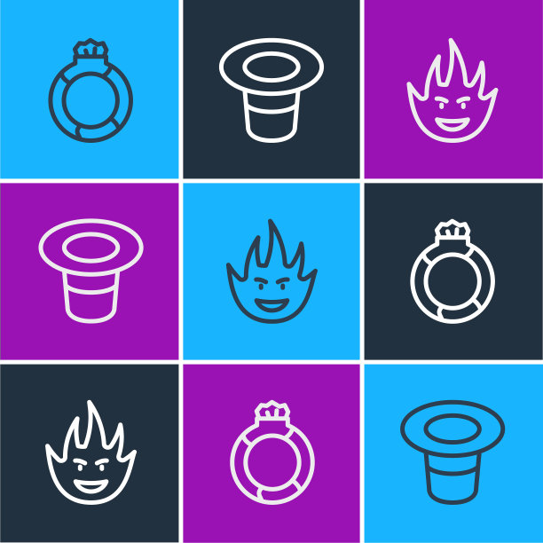 设置线魔法石戒指宝石，火焰和帽子图标。向量图片下载