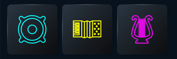 设置线立体声扬声器，古里拉和手风琴。黑色方形按钮。向量图片下载