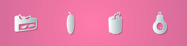 集剪纸自制水果派，黄瓜，甜椒和鳄梨图标。纸艺风格。向量图片下载