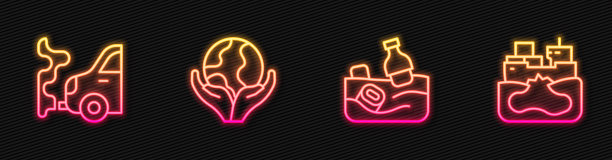 海洋污染、汽车尾气、手持地球仪、失事油轮等问题。发光的霓虹灯图标。向量图片下载