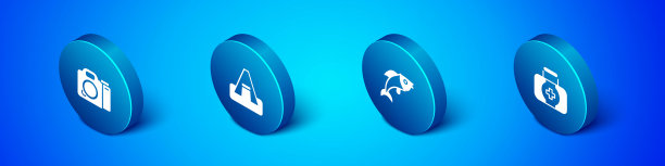 设置等距相机，鱼，急救箱和旅游帐篷图标。向量图片下载