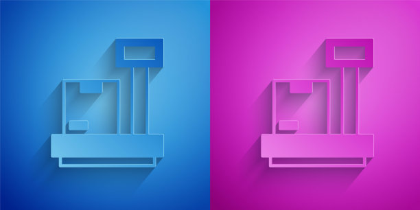 剪纸规模与纸箱图标隔离在蓝色和紫色的背景。物流和配送。称上包裹的重量。纸艺风格。向量图片下载