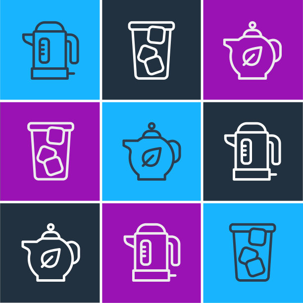 设置线电水壶，茶壶与叶子和冰茶图标。向量图片下载