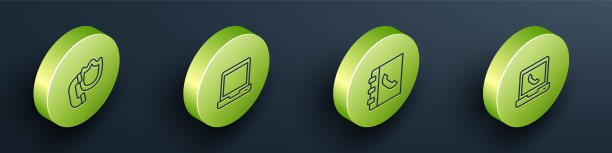 设置等距线电话听筒屏蔽，笔记本电脑，电话簿和24小时支持图标。向量图片下载