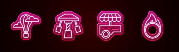 热气球，景点旋转木马，快餐车和马戏团火圈。发光的霓虹灯图标。向量图片下载