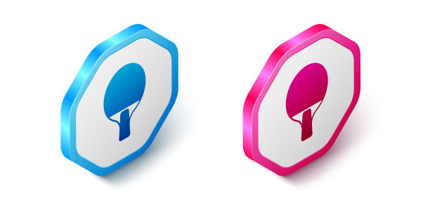 等距球拍打乒乓球图标孤立的白色背景。六角按钮。向量图片下载