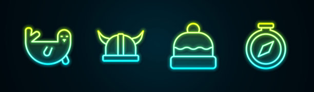 设置线毛皮海豹动物，海盗在角头盔，豆帽和指南针。发光的霓虹灯图标。向量图片下载