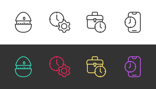 设置线厨房定时器，时间管理，工作和闹钟应用程序移动黑白。向量图片下载