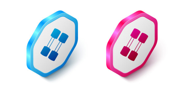 等长哑铃图标孤立的白色背景。举重、健身杠铃、运动器材。六角按钮。向量图片下载