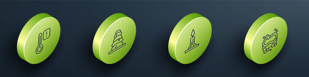 设置等距线桑拿温度计，堆栈热石，燃烧的蜡烛和肥皂条的图标。向量图片下载