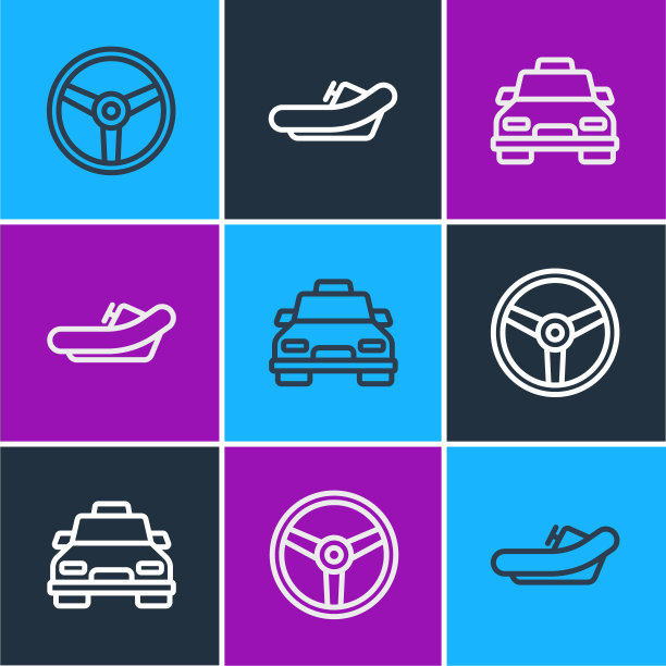 设置线方向盘，出租车和漂流船图标。向量图片下载