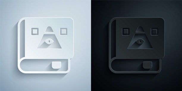 剪纸古代魔法书与炼金术食谱和神秘的咒语和魔法图标隔离在灰色和黑色的背景。纸艺风格。向量图片下载