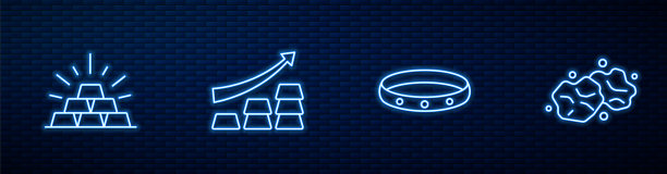 设置线金戒指，酒吧，成长箭头与黄金和金块。砖墙上发光的霓虹灯图标。向量图片下载