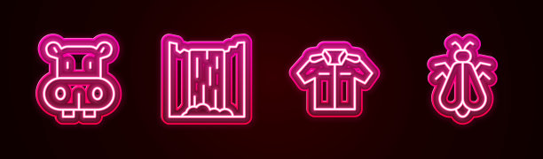 设线河马或河马，瀑布，衬衫和蚊子。发光的霓虹灯图标。向量图片下载