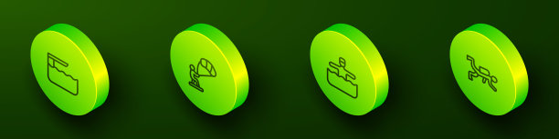 设定等距线跳水板或跳板，风筝冲浪，水上体操和水肺潜水员图标。向量图片下载