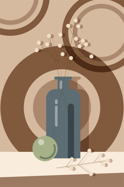 静物海报极简主义植物插图与陶瓷花瓶与白色的花，棕色和绿色的色调。现代平面设计的家居装饰。矢量横幅或海报模板图片下载