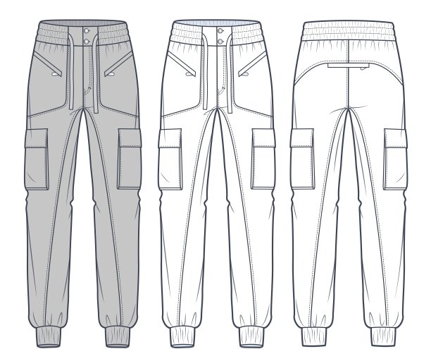 工装裤时尚平面技术图纸模板。慢跑裤，运动裤技术时尚插图，侧口袋，弹力腰带和袖口，前后视图，白色，摩卡色，女，男，男女通用的CAD模型集。图片下载