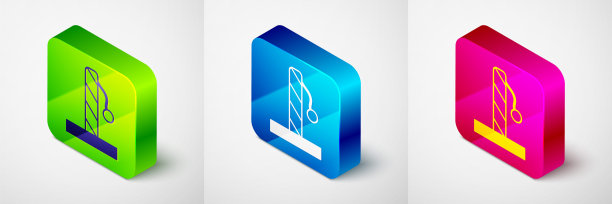 等距猫抓后与玩具图标隔离在灰色背景。方形按钮。向量图片下载