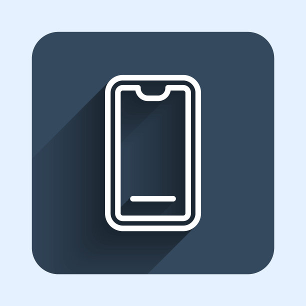 白线食品订购上的移动图标与长阴影背景隔离。通过手机订购。餐厅送餐概念。蓝色方形按钮。向量图片下载