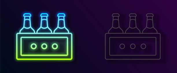 发光的霓虹灯线包装的啤酒瓶图标孤立的黑色背景。木箱和啤酒瓶。箱箱啤酒箱标志。向量图片下载
