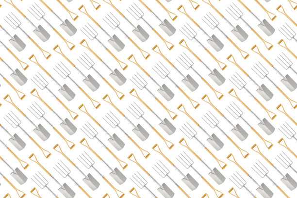 无缝图案与园艺工具和园艺设备，铁锹和叉子与木柄，孤立的顶部视图在白色背景。为温室或花店包装模板。图片下载