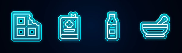 巧克力棒，食谱，瓶装牛奶，研钵和研杵。发光的霓虹灯图标。向量图片下载