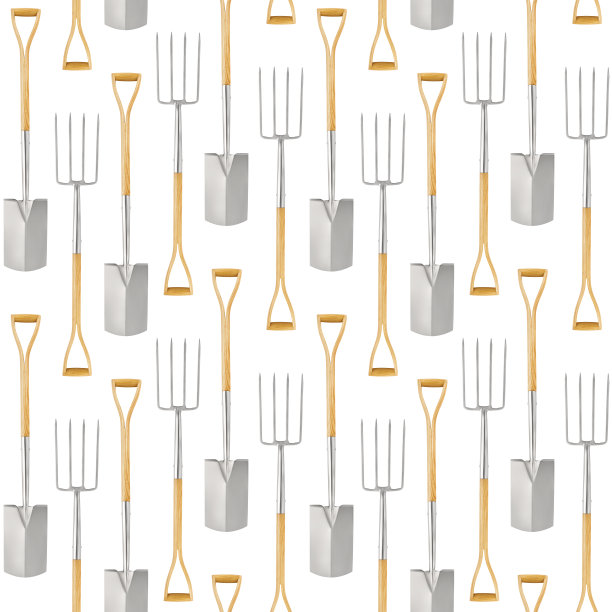 无缝图案与园艺工具和园艺设备，铁锹和叉子与木柄，孤立的顶部视图在白色背景。为温室或花店包装模板。图片下载