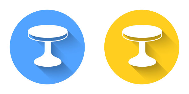 白色圆桌图标与长阴影背景隔离。圆按钮。向量图片下载