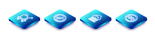 设置等距线电车行李，指南针，云与雨和直升机着陆垫图标。向量图片下载