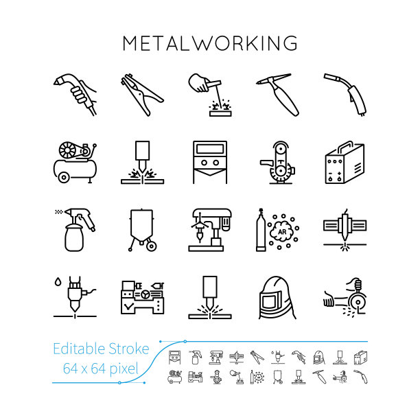 金属加工图标集。可编辑的矢量描边。焊接，锐化，研磨，钻孔，切割，喷砂，开槽，清洗，等离子，激光，磨床，水力，压缩机，气体。图片下载