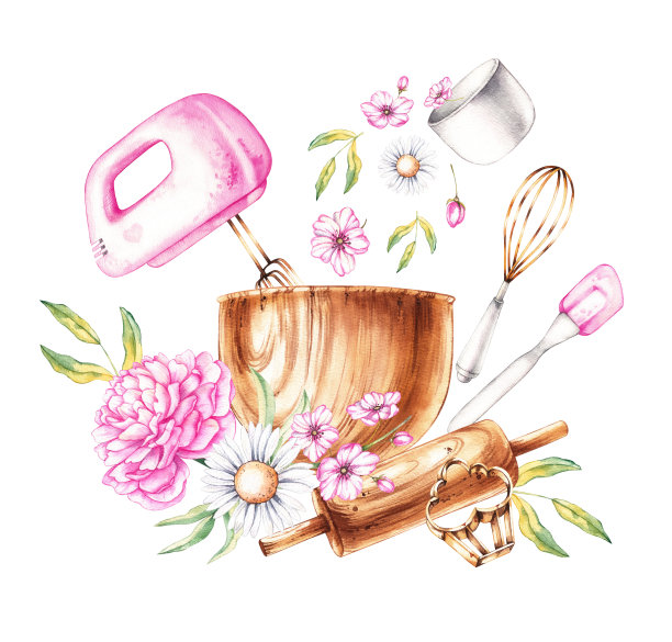 白色背景上的烘焙工具和花朵的构图图片下载