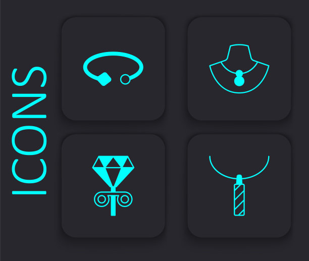 集吊坠项链，手镯珠宝，项链人体模型和耳钉图标。黑色方形按钮。向量图片下载