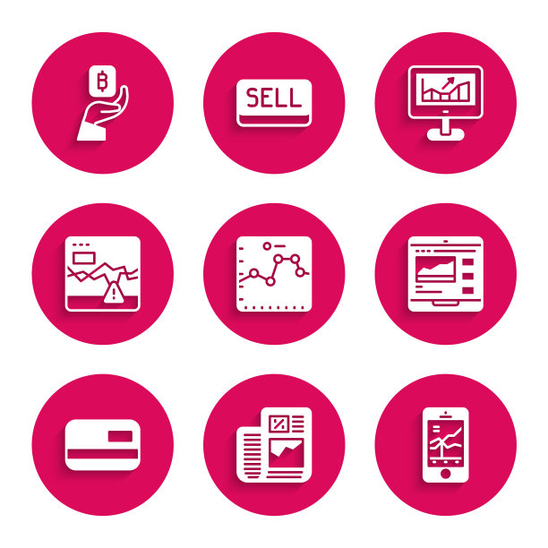 设置浏览器与增长图，企业财务报告，手机股票交易，交易课程，信用卡，失败股票市场，电脑和手持比特币图标。向量图片下载