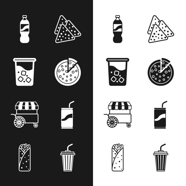 集披萨，玻璃与水，瓶，玉米片，快餐街食品车，汽水罐吸管，和墨西哥卷饼图标。向量图片下载