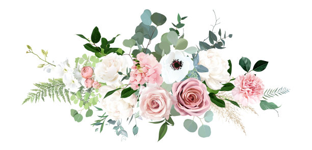 粉红玫瑰，毛茛，牡丹，白色海葵花，潘帕斯草，桉树矢量设计花束图片下载