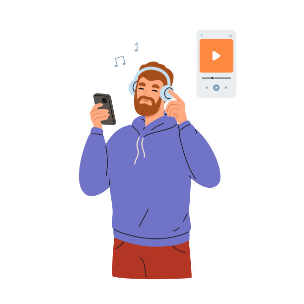 一个人戴着无线耳机听音乐。家伙用智能手机享受音频。图片下载