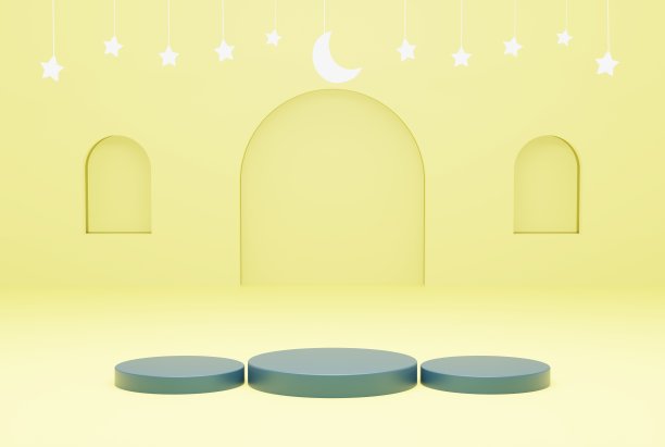 3d平台蓝色暗与黄色背景星和新月白色。斋月，斋月，开斋节和伊斯兰概念。三维插图渲染图片下载