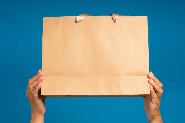 双手拿着一个棕色纸袋，背景是蓝色的图片下载