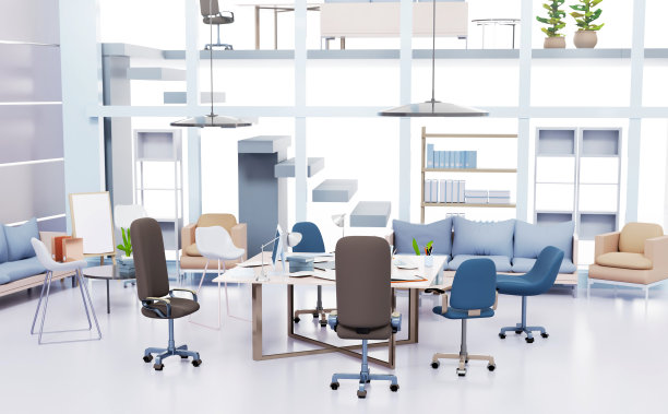 大的开放空间办公室内部没有人。3D渲染图图片下载