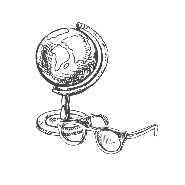 手绘草图的复古地球仪和眼镜。在白色背景上孤立的复古矢量插图。涂鸦画。图片下载