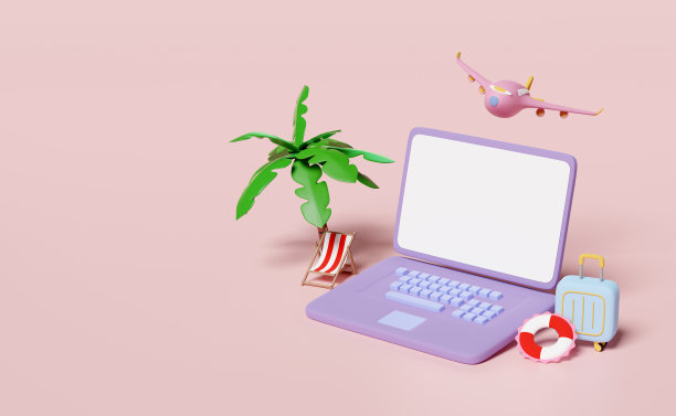 3d笔记本电脑显示器与棕榈树，救生圈，沙滩椅，飞机，行李箱隔离在粉红色的背景。网上购物夏季特卖，夏季旅游，模板概念，3d渲染插图图片下载