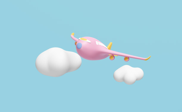 3d飞机图标与云隔离在蓝色背景。喷气式商用飞机，飞机旅行概念，3d渲染插图图片下载